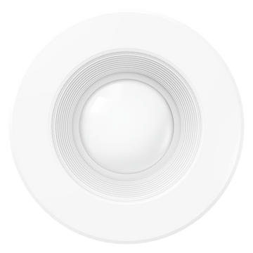 This image shows the 5/6-inch retrofit downlight seen from below. The wide exterior trim and baffle trim surrounds the LED lens in the center. The evenly spaced baffle trim helps minimize glare and provide a softer light quality. This 1050lm light fixture has a long life with 35,000 lifetime hours. It is a 13W LED with a 75W equivalency.